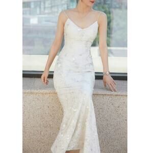 Self-Portrait White Embellished V-neck Maxi Dress UK 6 (US2)